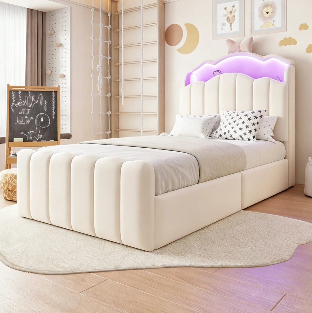 Letto per bambini imbottito 90x200 cm con contenitore idraulico; LED; USB e USB-C; beige