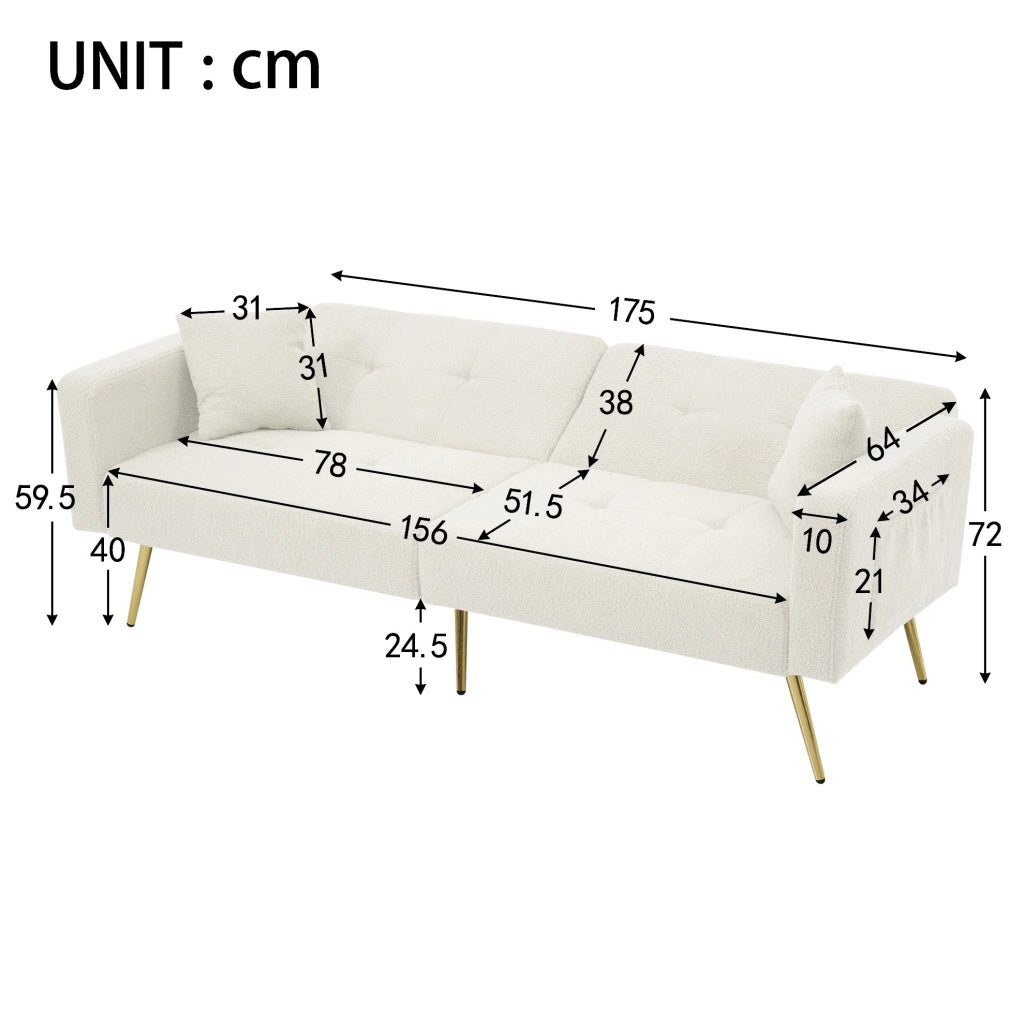 Divano letto regolabile in tessuto Sherpa bianco con tasche laterali e gambe dorate