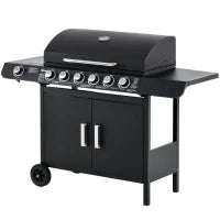 Barbecue a Gas con Coperchio, 7 Bruciatori da 20kW, Fornello Laterale e 2 Ruote, 135x50x100cm Nero