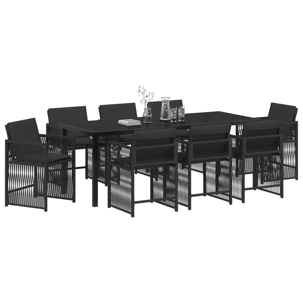 Set da pranzo da giardino con cuscini neri in polyrattan