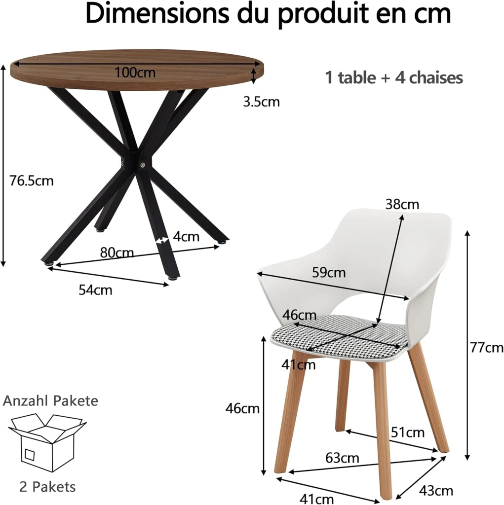 GrandCA HOME Set di Tavolo e Sedie da Pranzo, 100×100×76.5 CM Tavolo da Pranzo Rotondo, 4 Sedie da Cucina Imbottite in Colori Misti, per Sala da Pranzo, Cucina (Venature del Legno Scuro + WGPL)