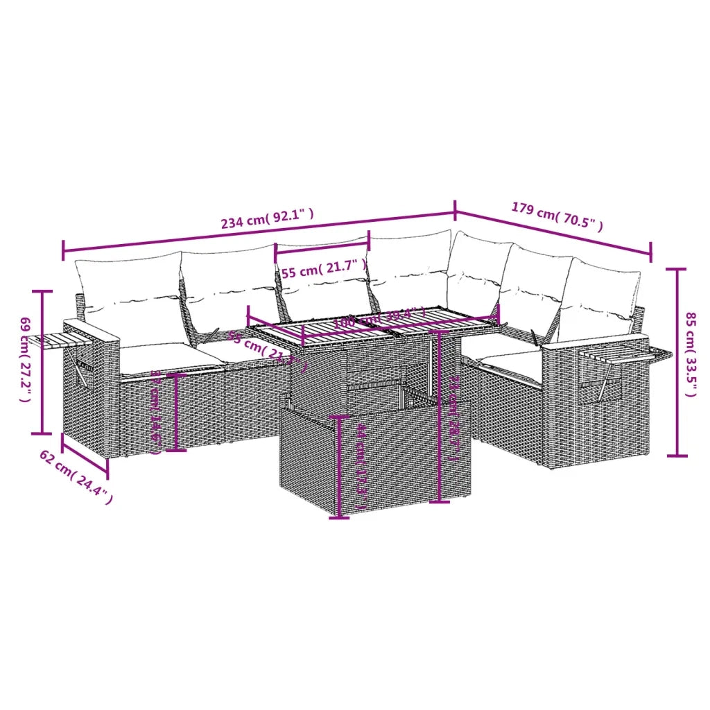Set Divani da Giardino 7 pz con Cuscini Beige in Polyrattan