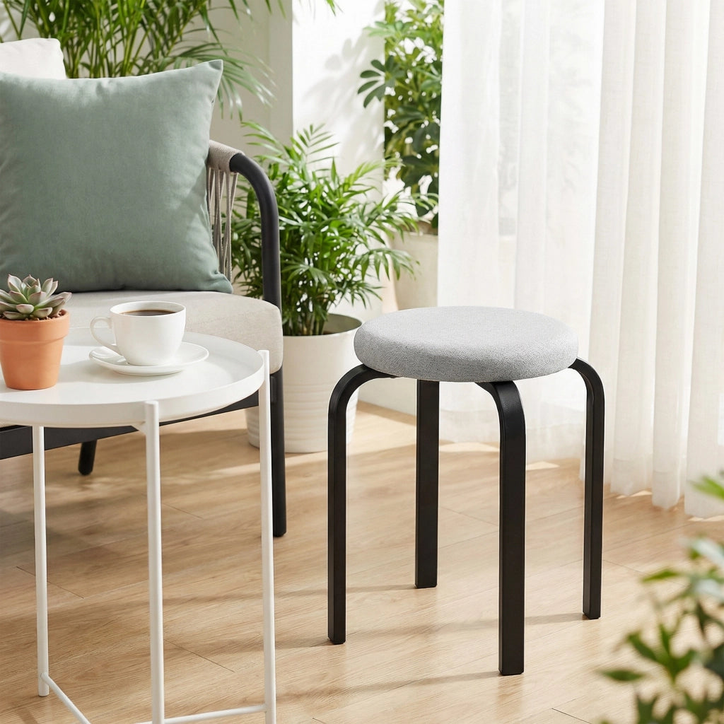 Set di 4 Sgabelli Impilabili Moderni Ø40x45 cm con Cuscino Tondi in Tessuto Effetto Lino Grigio