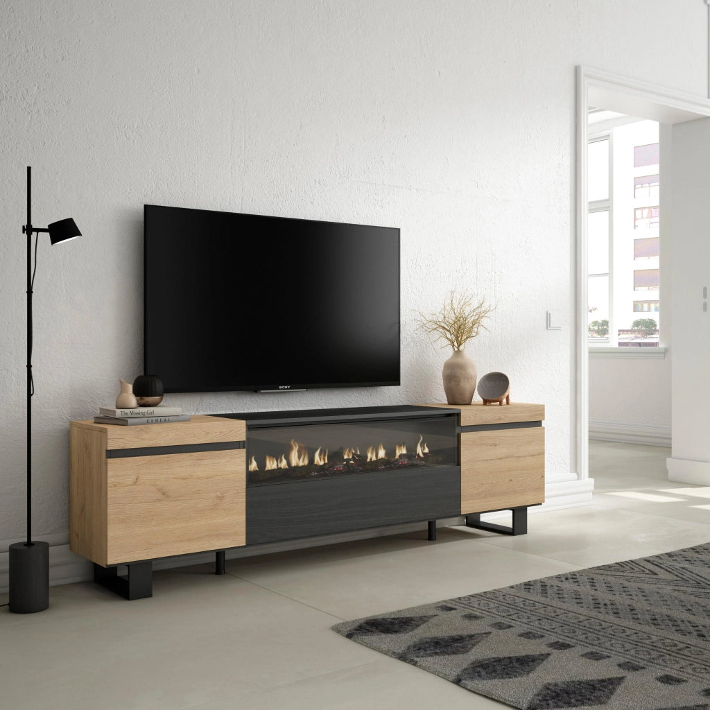 Mobile TV, 200x35x57cm, soggiorno, Per TV fino a 80", Camino elettrico, Design industriale, colore Rovere e nero RF2260