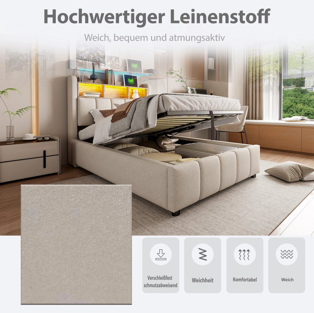 Letto imbottito 90x200 cm beige con LED, USB-C e contenitore