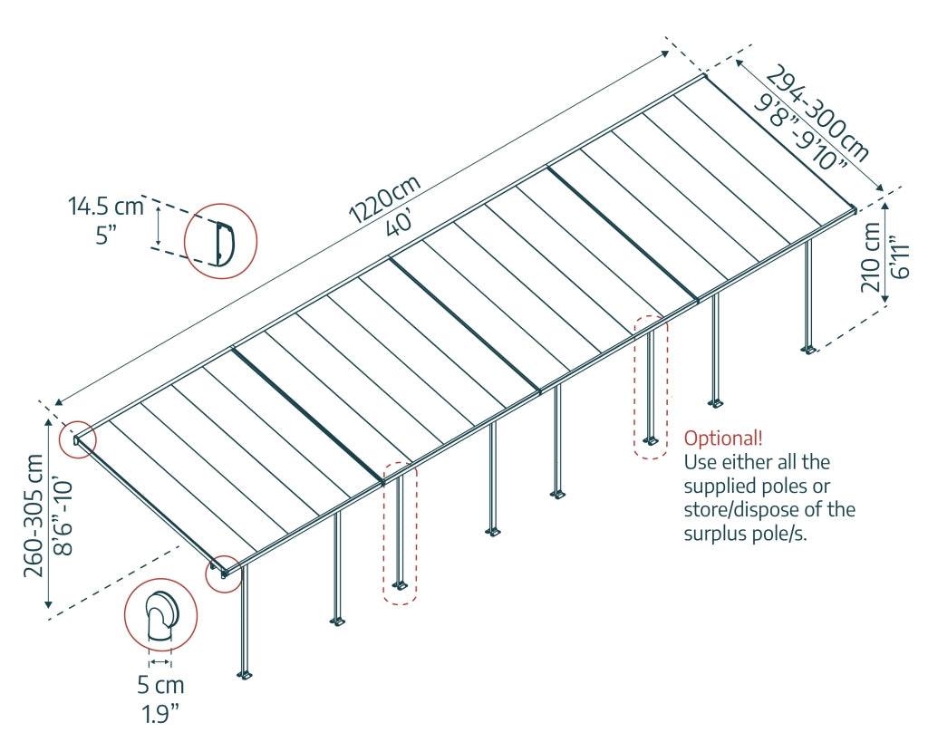 Pergola Addossata in Alluminio  3X12.2 m colore Grigio - Canopia Feria