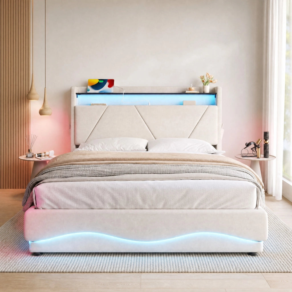 Letto matrimoniale imbottito 140x200 cm in velluto beige con LED; testiera con ripiano e USB