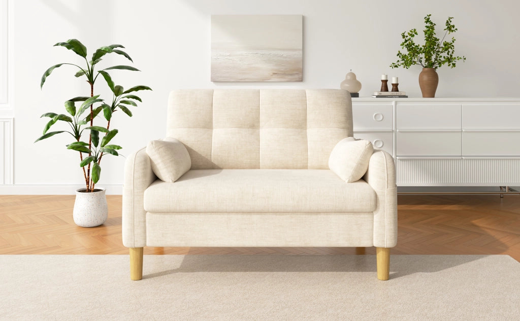 Divano a due posti modulare per piccoli spazi con cuscini schienale alto e tasca laterale in tessuto chenille beige