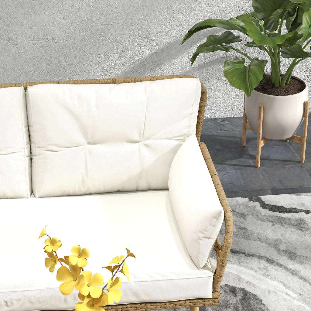 Set 3 Pezzi da Giardino con Chaise Longue Divanetto Cuscini e Tavolino in Rattan e Acciaio Bianco Crema e Legno