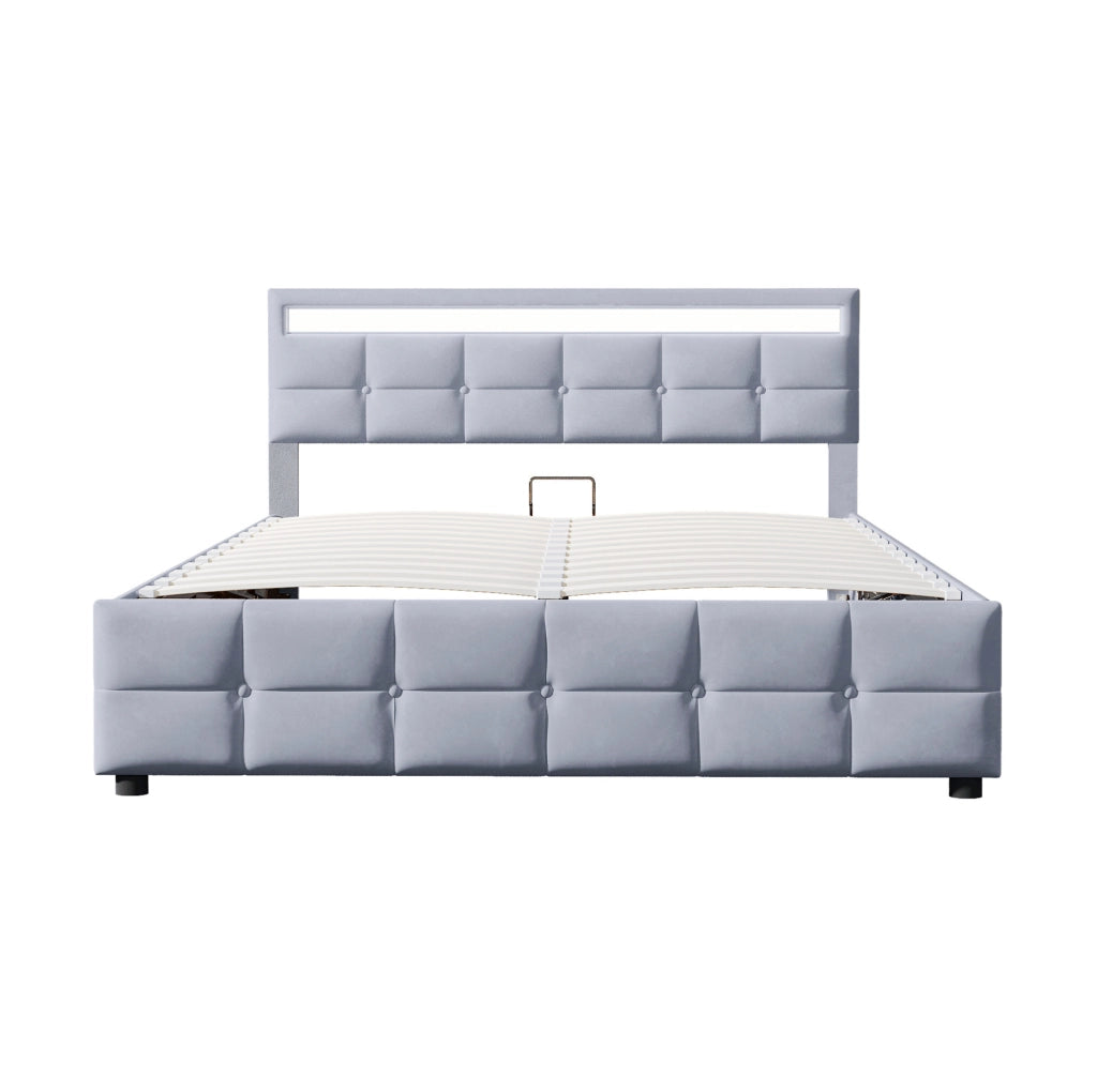 Letto imbottito 180x200 cm con LED e rete a doghe; velluto; grigio