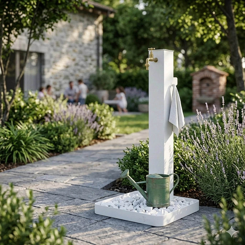 Fontana da Giardino con Rubinetto in Ottone e Base con Ciottoli 40x40x97 cm in Acciaio Bianco