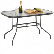 Tavolo da pranzo da esterno con foro per ombrellone; per 8 posti; in metallo e vetro temperato; 120×80×70 cm; grigio