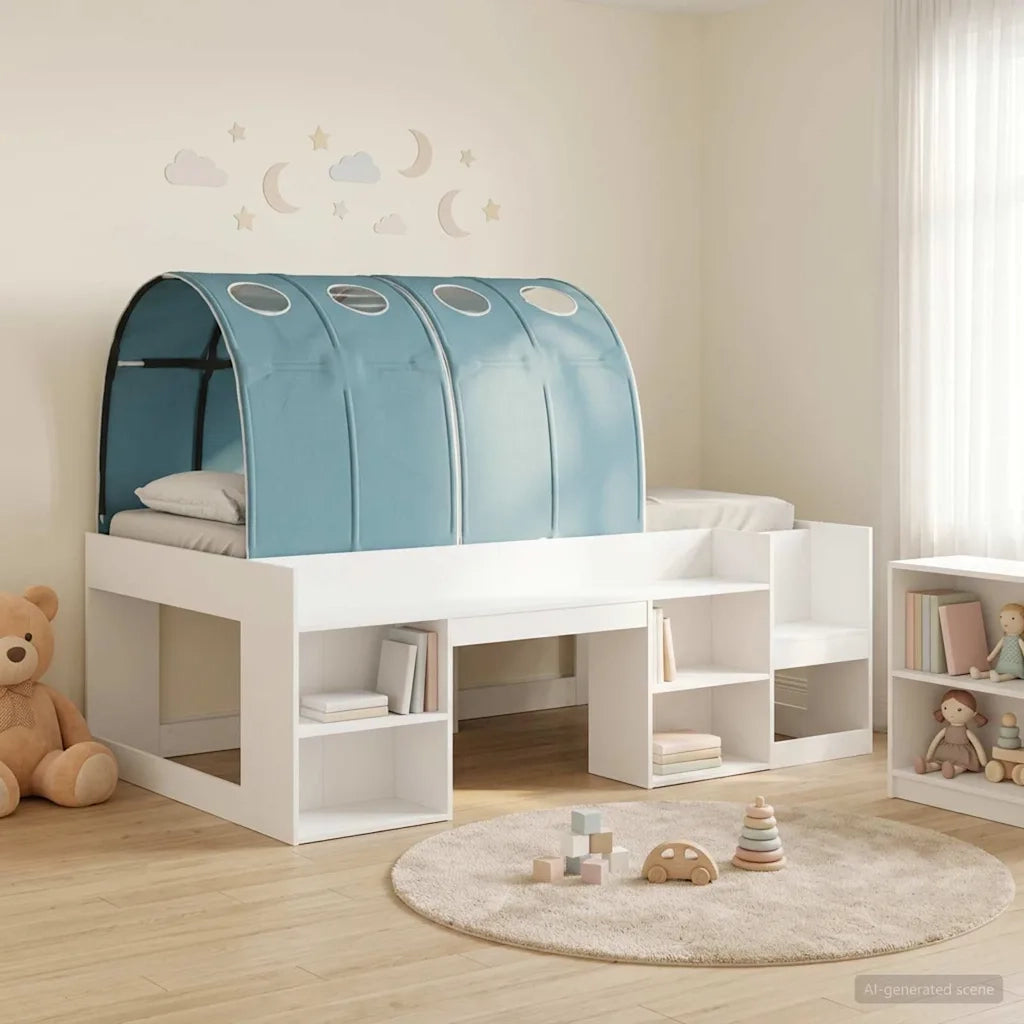 Letto con Tunnel 3 pcs Bianco e azzurro Legno multistrato