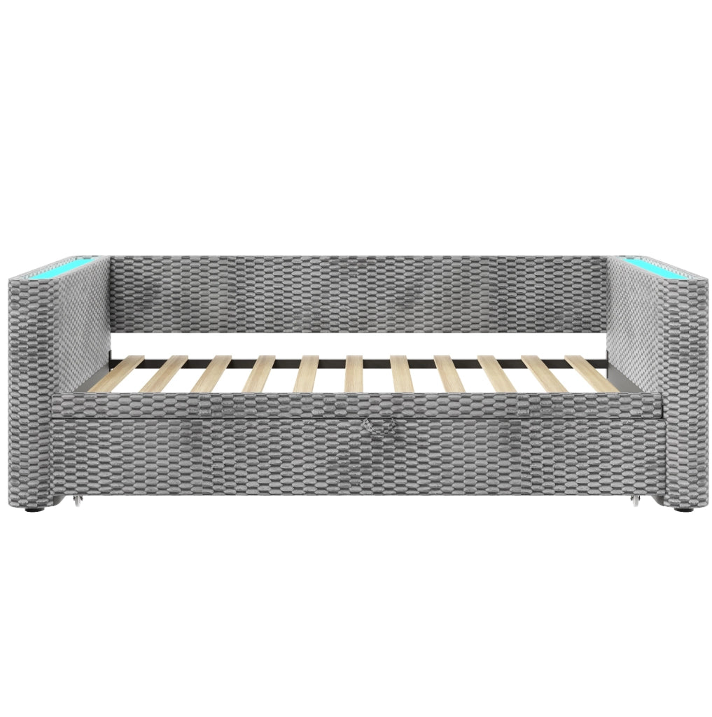 Letto Giorno Multifunzionale Estraibile in Velluto Grigio 90x200 cm con Striscia LED e Rete a Doghe