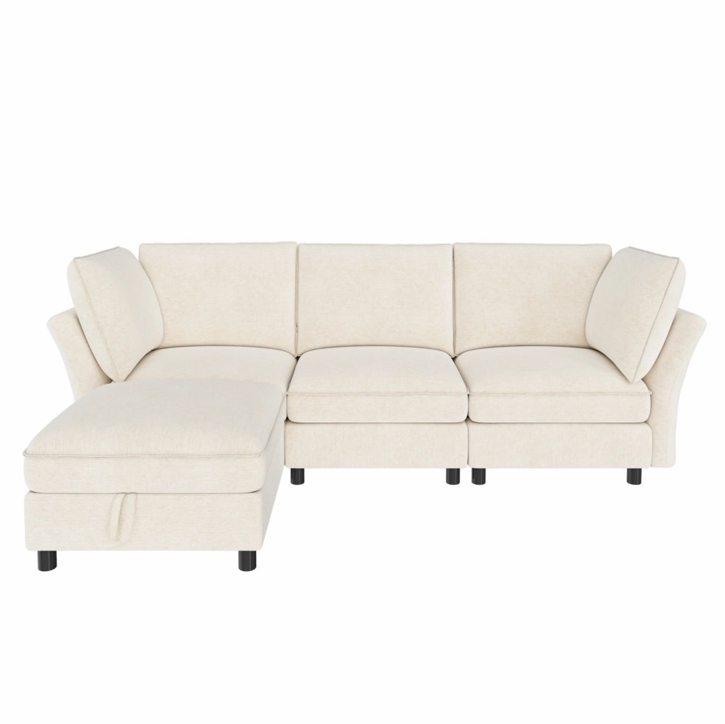 Divano angolare modulare 4 posti con pouf contenitore in ciniglia beige