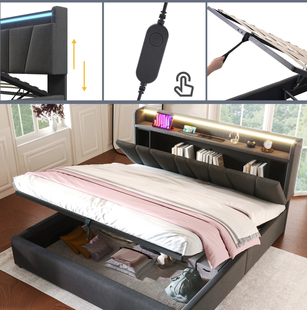 Letto matrimoniale imbottito 140x190 cm con contenitore; LED e prese USB; grigio