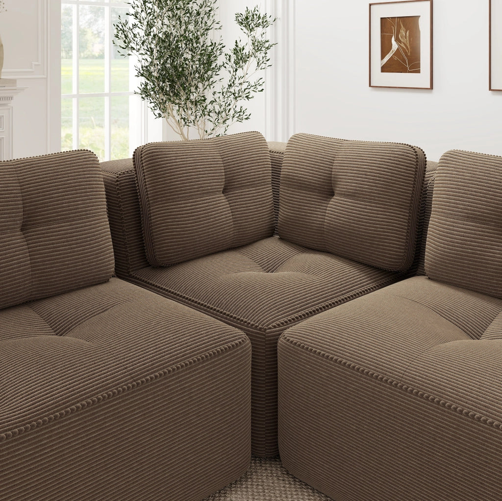 Divano angolare modulare 208x177x69 cm in velluto a coste marrone; con pouf mobile