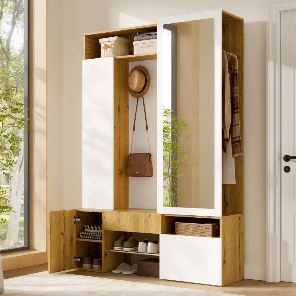 Guardaroba in MDF con specchio, scarpiera, mobile ingresso, appendiabiti con asta e ganci