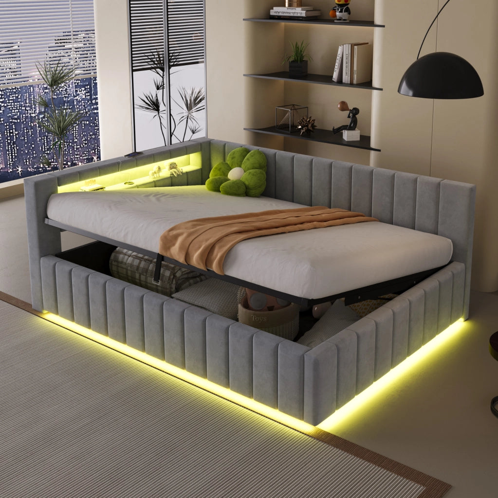 Letto imbottito 140x200 cm con contenitore idraulico; LED e USB; velluto grigio (Senza materasso)