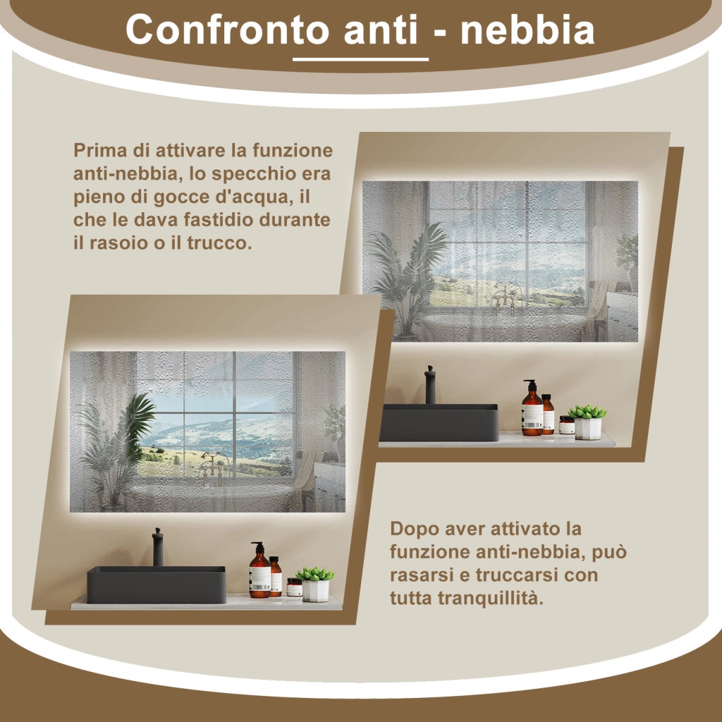 AICA SPECCHIO DA BAGNO CON LED, 100x60cm, Disappannamento, Funzione Memoria, Infinitamente Dimmerabile