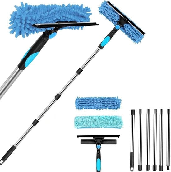 Set di pulizia a telescopio da 250 cm - Kit di pulizia 2 in 1 con 6 estensioni per bagno, doccia, vetro e auto con tovaglietta microfibra
