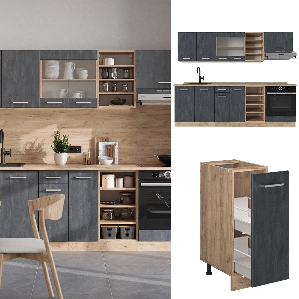 Cucina componibile R-Line Calce nera/Rovere dorato 240 cm PL Marmo Vicco