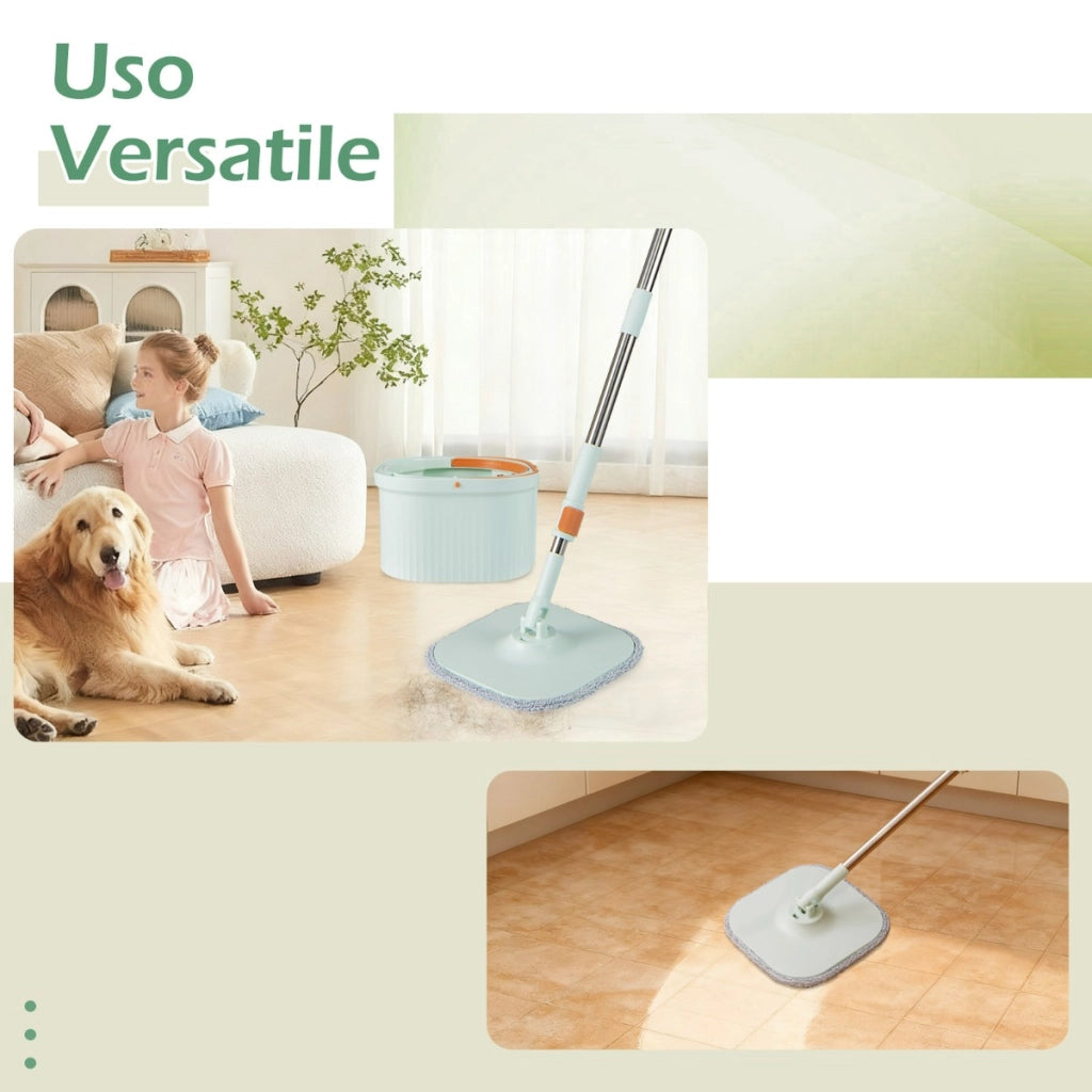 Testa mocio quadrata con strizzatura automatica per pavimenti, Sistema di separazione acqua sporca e pulita Verde chiaro-Strumenti pulizia