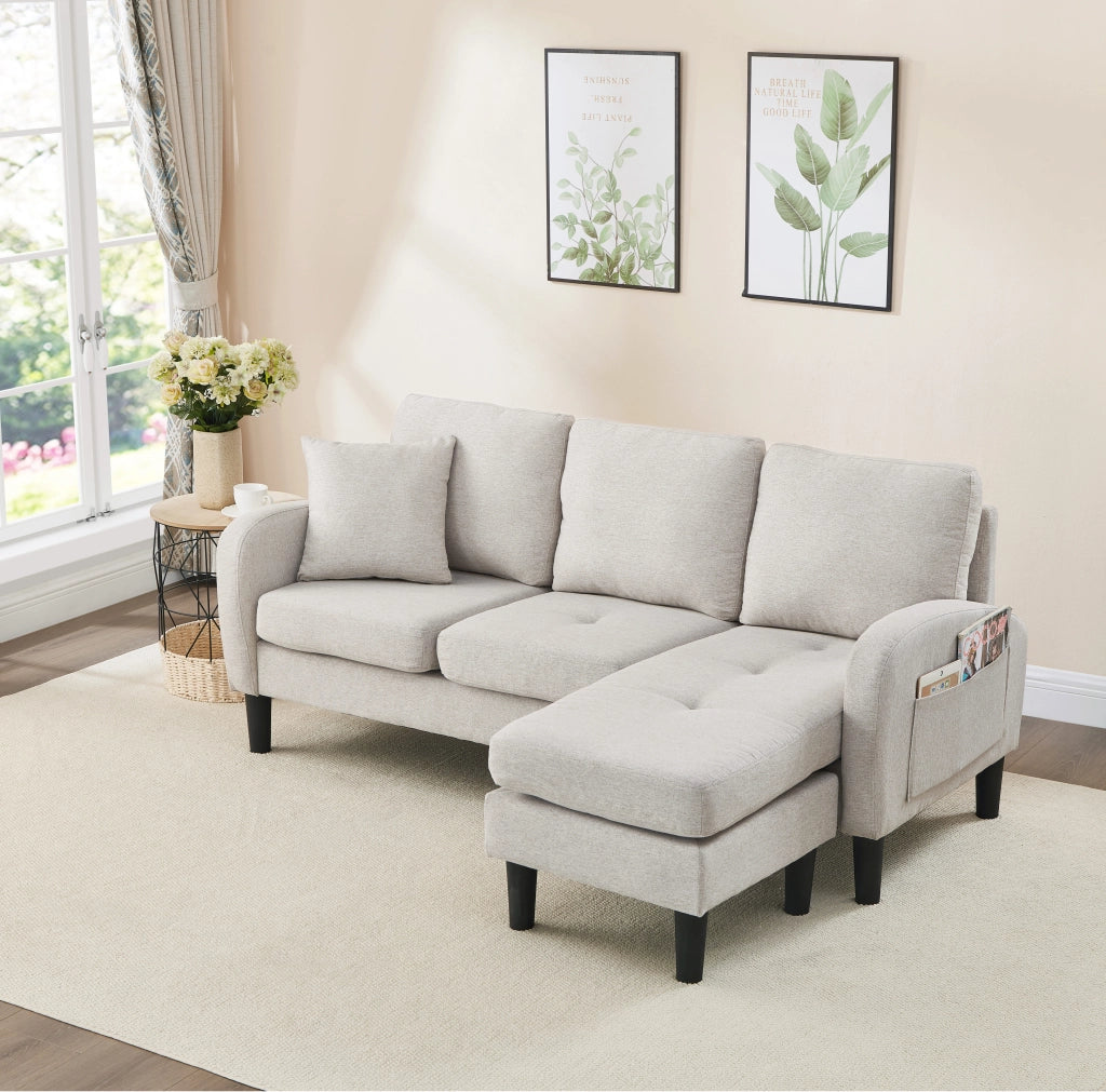 Divano angolare modulare 3 posti con chaise longue in tessuto beige grigio 166 × 118 × 77 cm