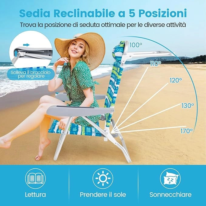 Set di 2 Sedie Pieghevole da Spiaggia, Lounge Sdraio con 5 Posizioni Regolabili, Poltrona da Mare con Cuscino, Porta Asciugamano, Braccioli & Portabicchieri, Portata 150 kg (Verde)