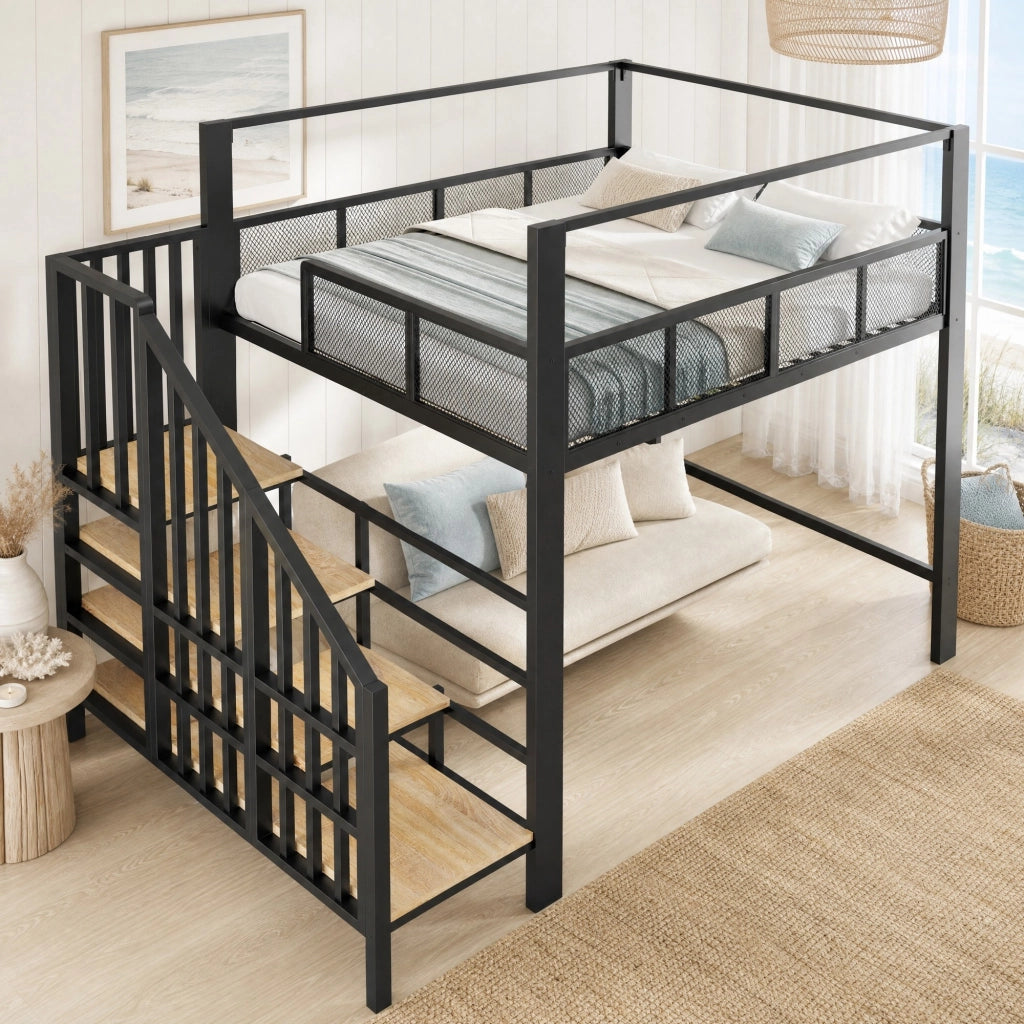 Letto a soppalco alto in metallo 140x200 cm con scala contenitore, baldacchino e rete di sicurezza, nero