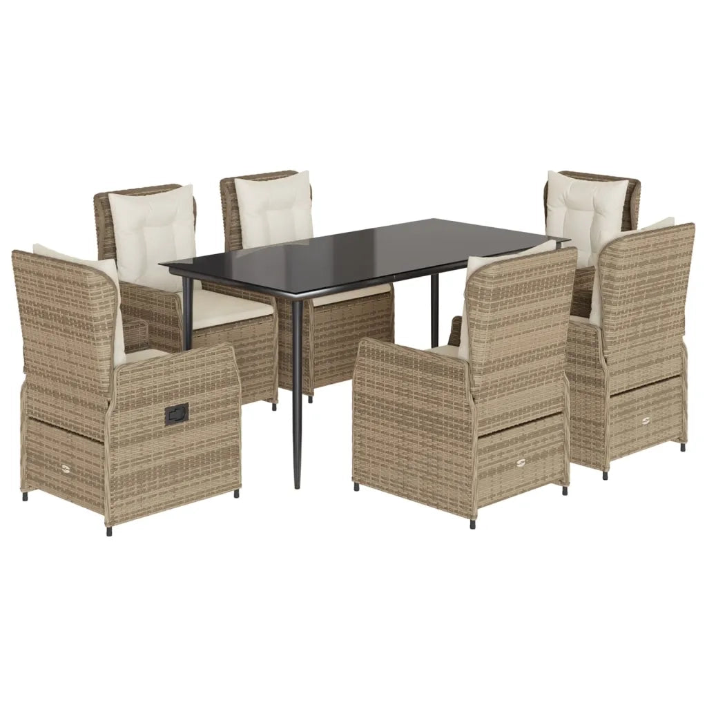 Set da Pranzo da Giardino 7 pz con Cuscini Beige in Polyrattan