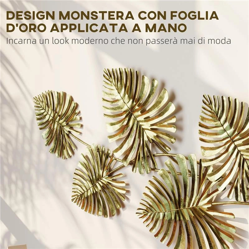 WALL ART A 5 FOGLIE DI MONSTERA IN METALLO DORATO CON ACCESSORI PER MONTAGGIO INCLUSI, 83X2.5X39 CM