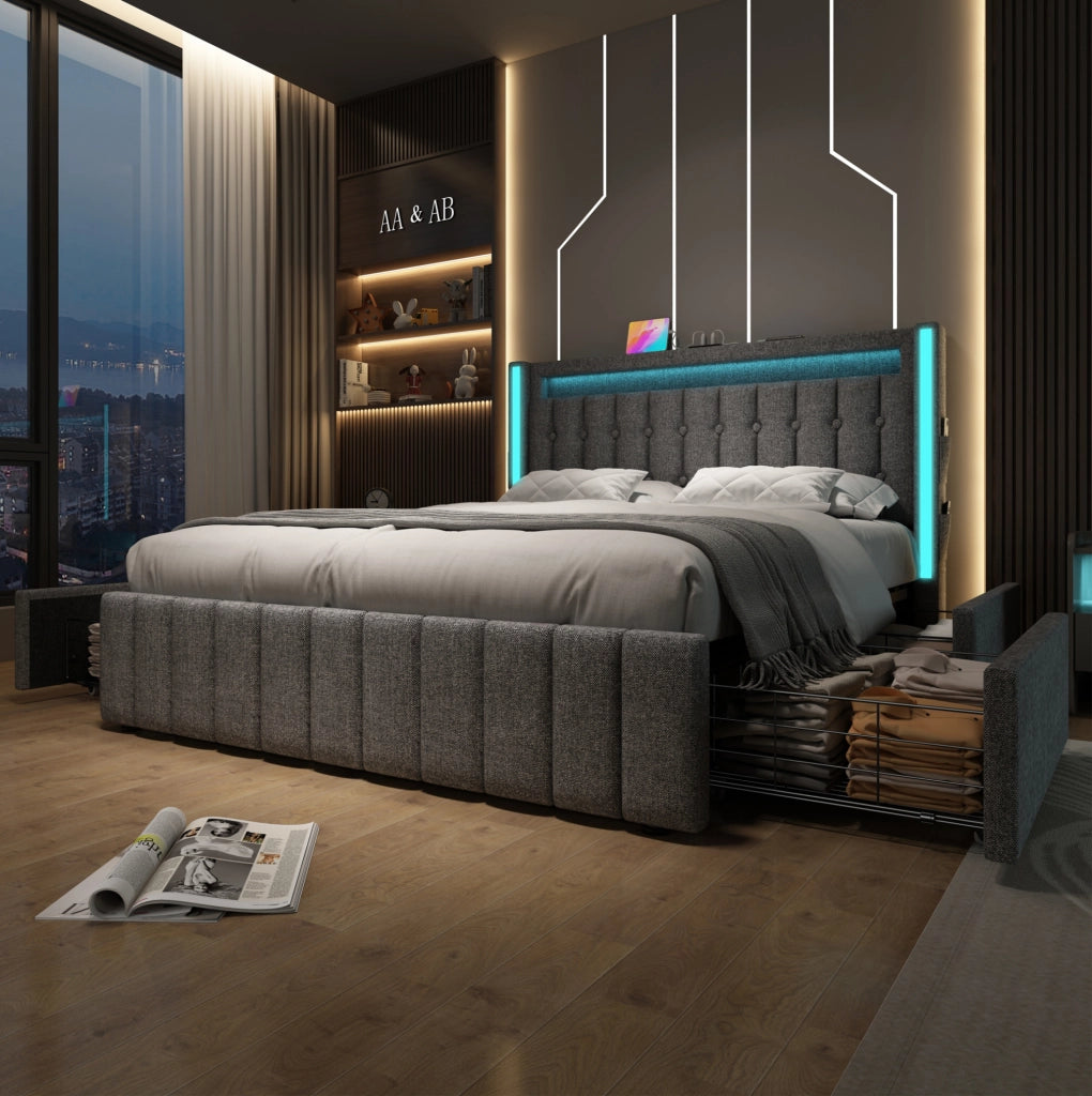 Letto imbottito ULEVR 160x200 cm grigio con 4 cassetti, LED, 3 USB e Type-C