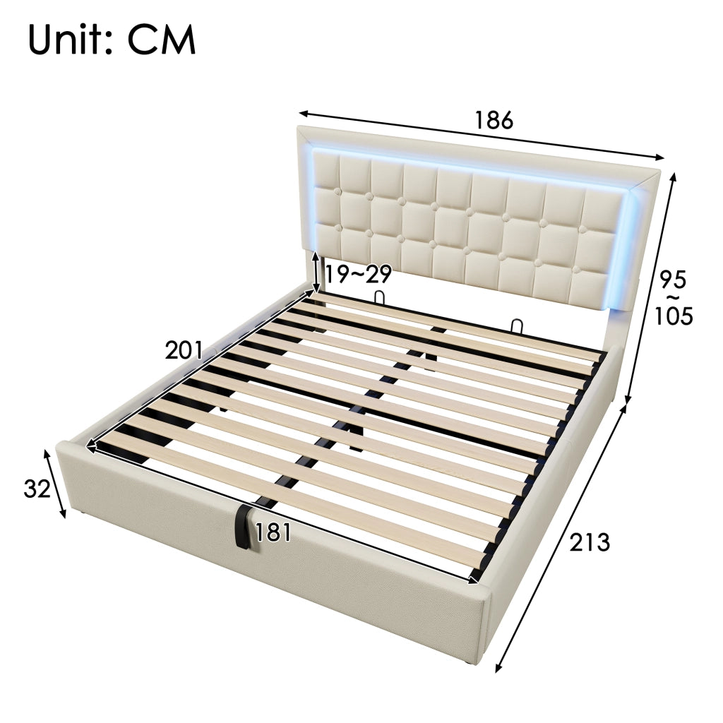 Letto matrimoniale 180x200 cm con rete, contenitore e striscia LED, in PU bianco, senza materasso