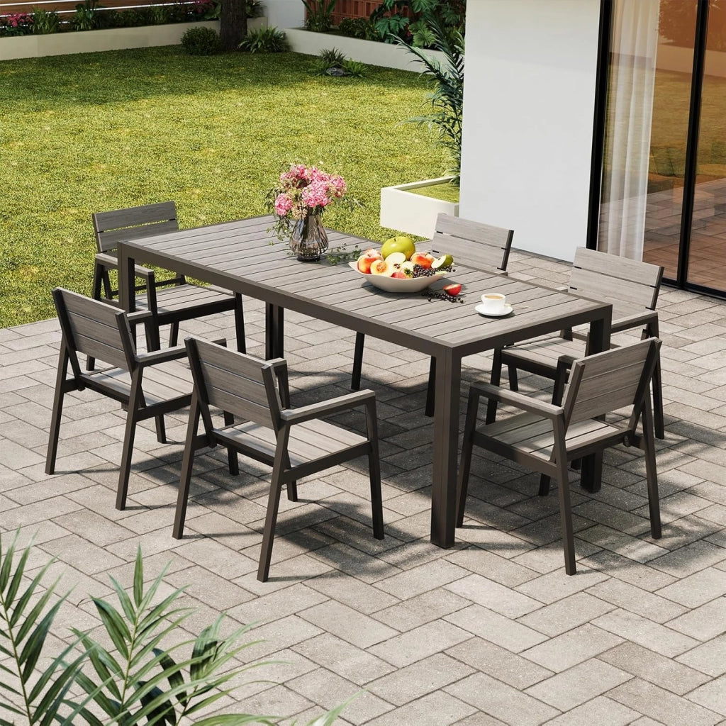 HDPS Set Tavolo e Sedie da Giardino 7 Pezzi Resistente alle Intemperie, Completo di Tavolo 189 cm e 6 Sedie da Esterno in Alluminio, Finitura a Vena di Legno e Facile da Manutenzionare,Naturale