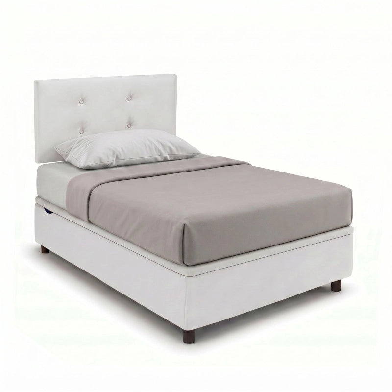 Letto imbottito Singolo 80x200 cm Button - Bianco,Similpelle,Contenitore