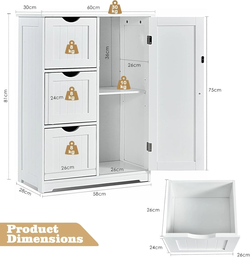 Armadietto da bagno con ripiano regolabile, in legno, 60 x 30 x 81 cm, con 3 cassetti e 1 porta, per soggiorno, cucina, corridoio (bianco)