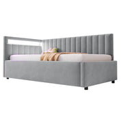 Divano letto 90x200 cm con LED e vano contenitore idraulico; in velluto grigio (Senza materasso)