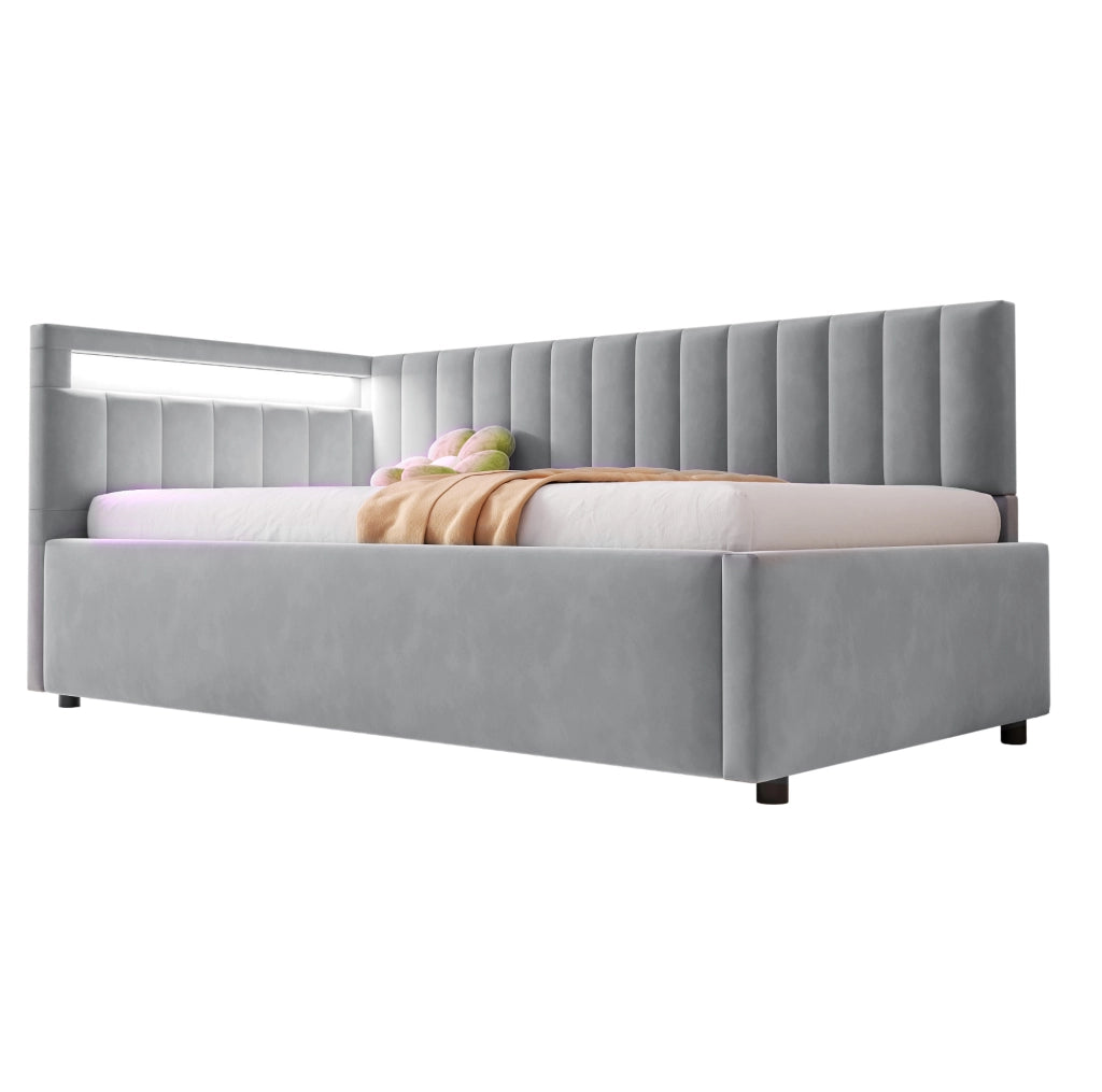 Divano letto 90x200 cm con LED e vano contenitore idraulico; in velluto grigio (Senza materasso)