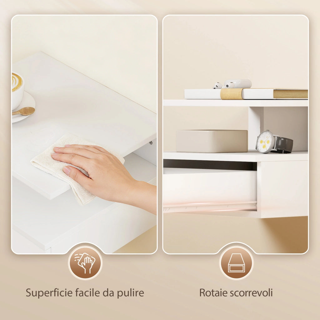 Set di 2 Comodini Sospesi con Cassetto e Mensola Aperta, 35x32x22.5 cm, Bianco