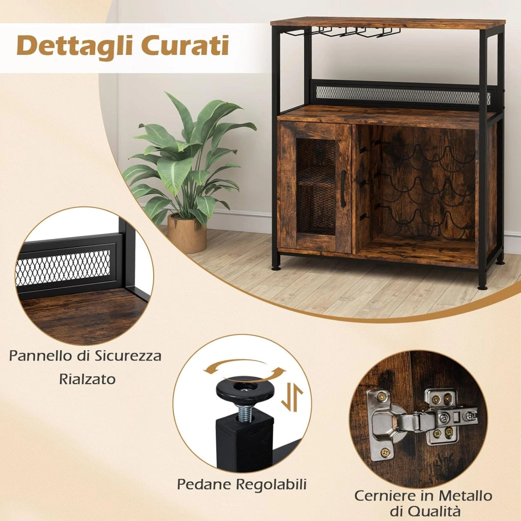 Cantinetta Porta Bottiglie di Vino, Armadietto per Vino con Portabicchieri, Scaffale Aperto e Ripiano Rimovibile, Credenza in Legno Industriale per Cucina e Sala da Pranzo, 75 x 34 x 90,5 cm
