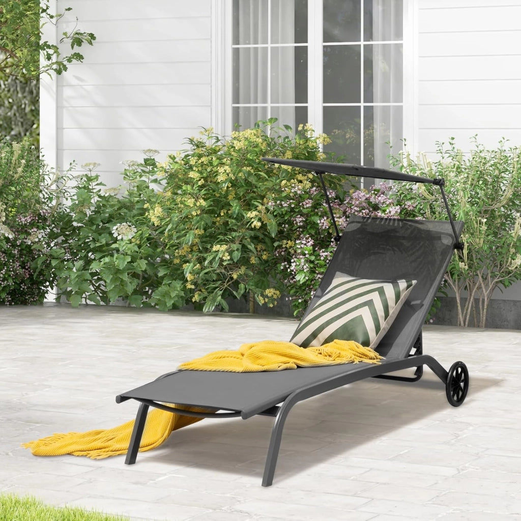 Lettino Prendisole con Ruote, Tettuccio Parasole e Portabicchiere, Schienale Regolabile in 5 Livelli, Sedia a Sdraio in Tessuto Textilene, Lettino da Giardino Portato 150 kg (Grigio)