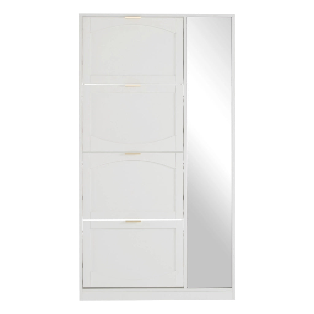Mobile portascarpe con specchio, 4 vani contenitore estraibili, ripiani regolabili, bianco, 80x24x147 cm