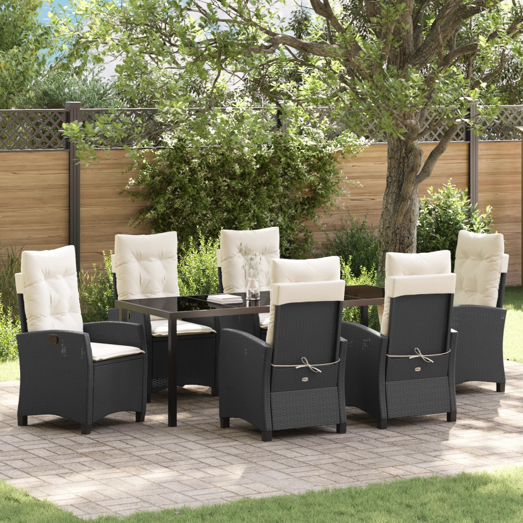 Set da Pranzo da Giardino 7 Pezzi con Cuscini Nero Polyrattan