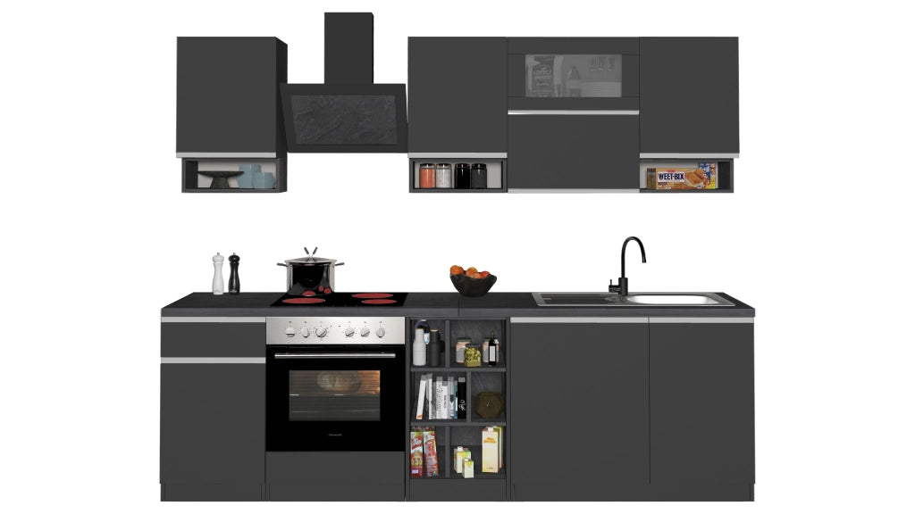 Cucina Lineare SOLE 256 cm - Antracite/Report e Legno Chiaro, Made in Italy