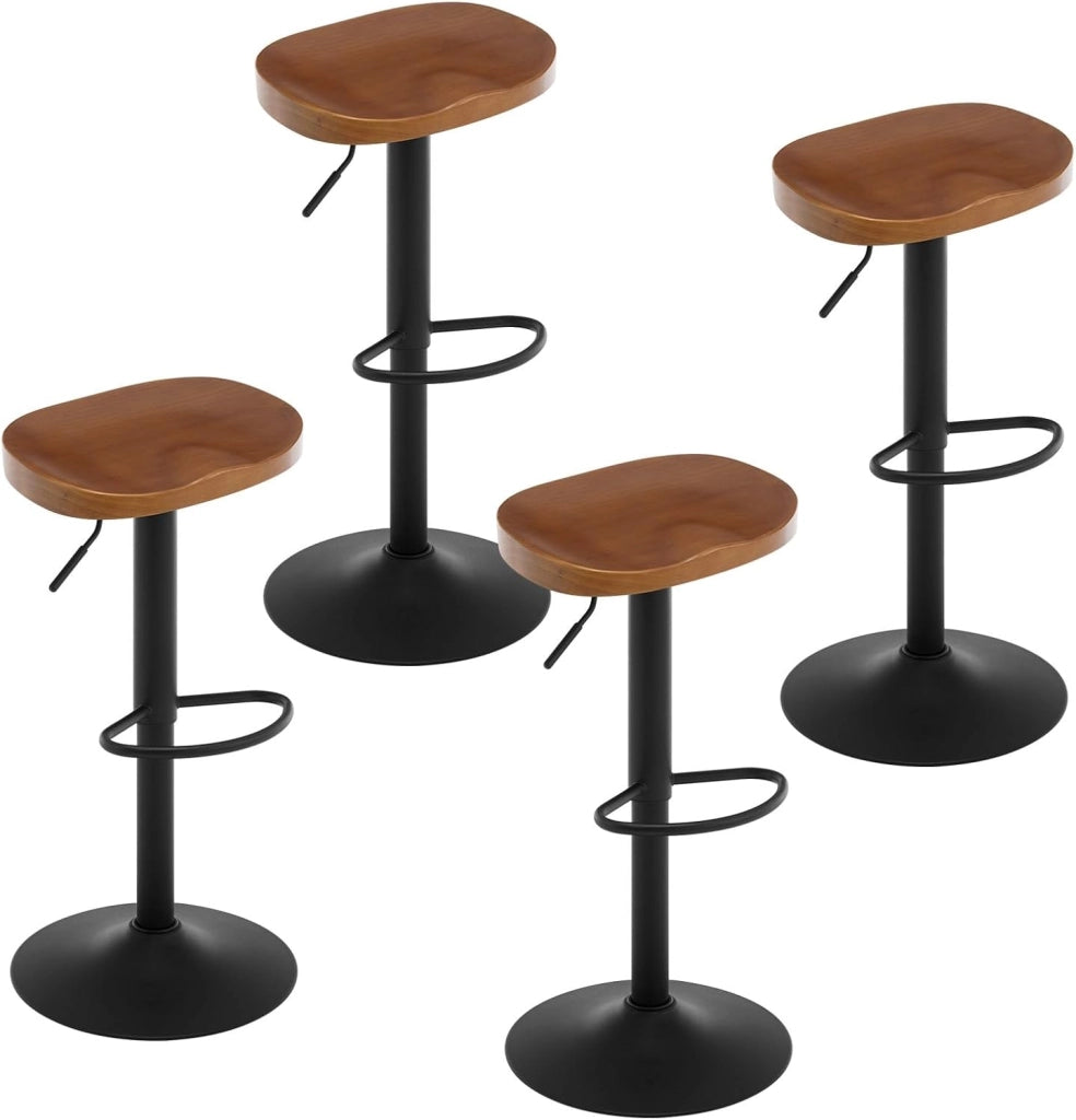 Sgabelli da Bar Set di 4, Sgabelli da Bar per Colazione in Legno Massiccio, Sgabelli da Cucina a Sella, Altezza Regolabile, Sgabelli Girevoli a 360° con Poggiapiedi, legno scuro,BH413dc-4