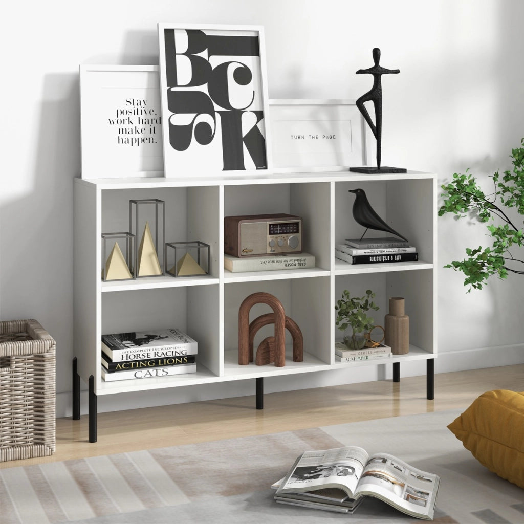 Scaffale a 6 cubi con gambe metalliche ripiani regolabili in 5 posizioni-Libreria aperta in legno Bianco