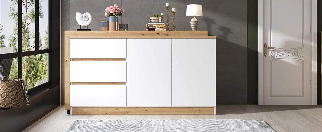 Scrivania pieghevole multifunzionale con 2 ante e 3 cassetti, girevole, per home office, bianco e rovere, 120 × 50 × 78 cm