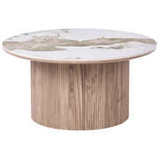 Tavolino con base in MDF e piano in marmo bianco ceramico Design moderno Gambe scanalate ø 80 cm marrone