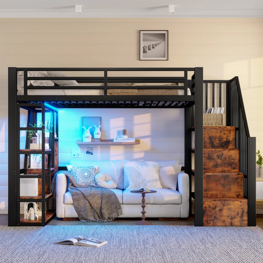 Letto a soppalco 90x200 cm nero con LED, scala contenitore, ripiani e struttura in metallo MDF